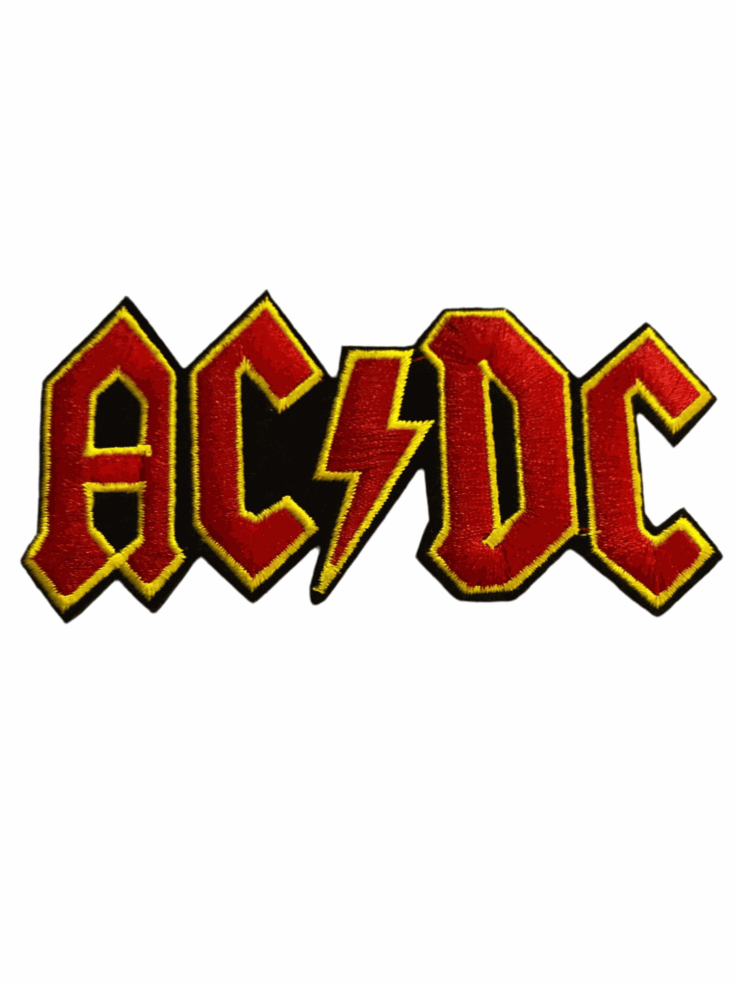 ACDC logo patch in red and yellow embroidery with bold lightning bolt design