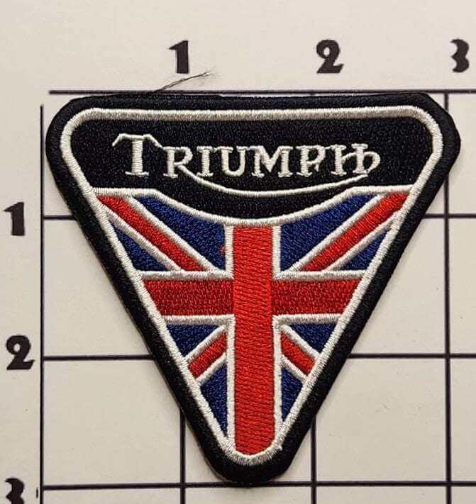 3"x3" embroidered Union Jack triangle motorcycle patch in black, white, and red, iron-on or sew-on accessory patch