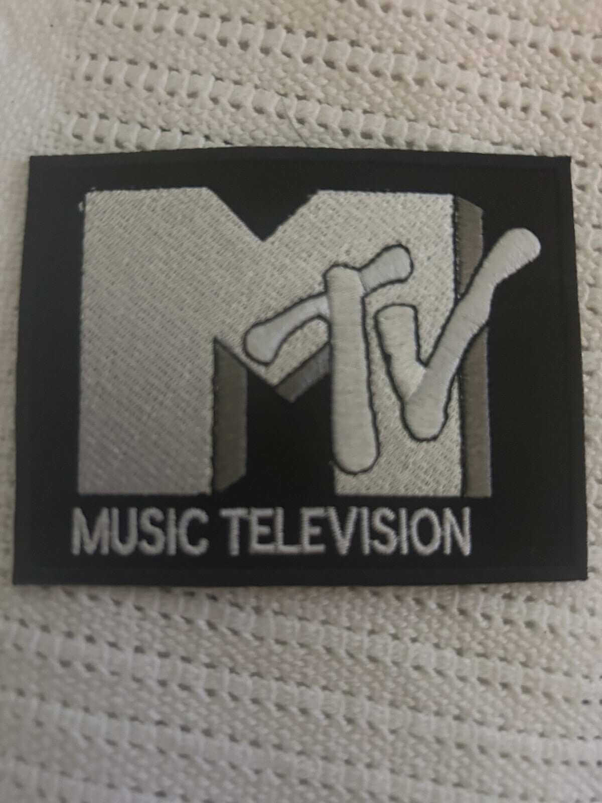 Black and silver MTV embroidered iron-on patch 3.5x2.75 inches for jackets and bags