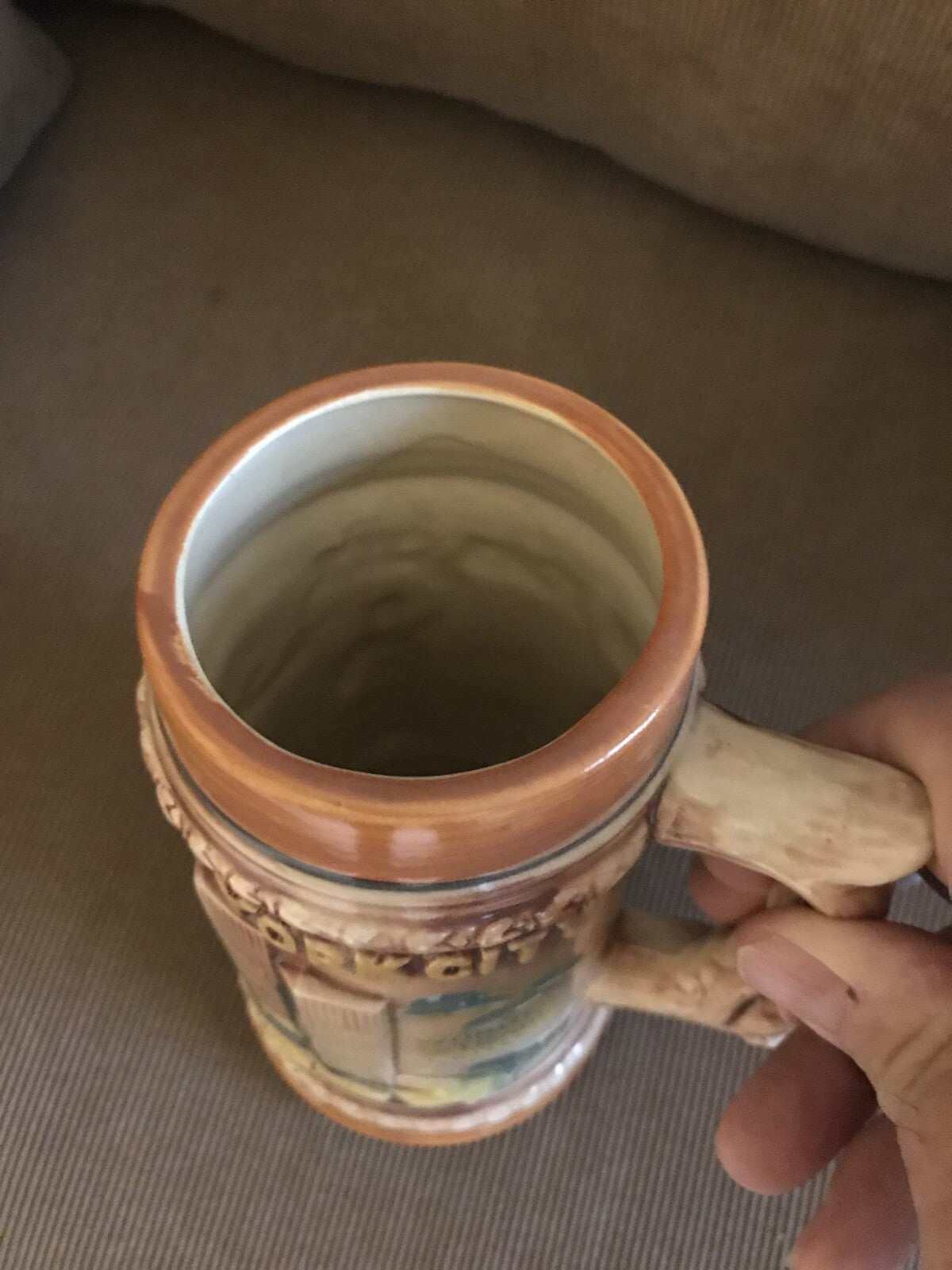 1970’s NYC Souvenir Stein featuring raised design of World Trade Center, plane, and NYC landmarks, vintage collectible mug from Japan