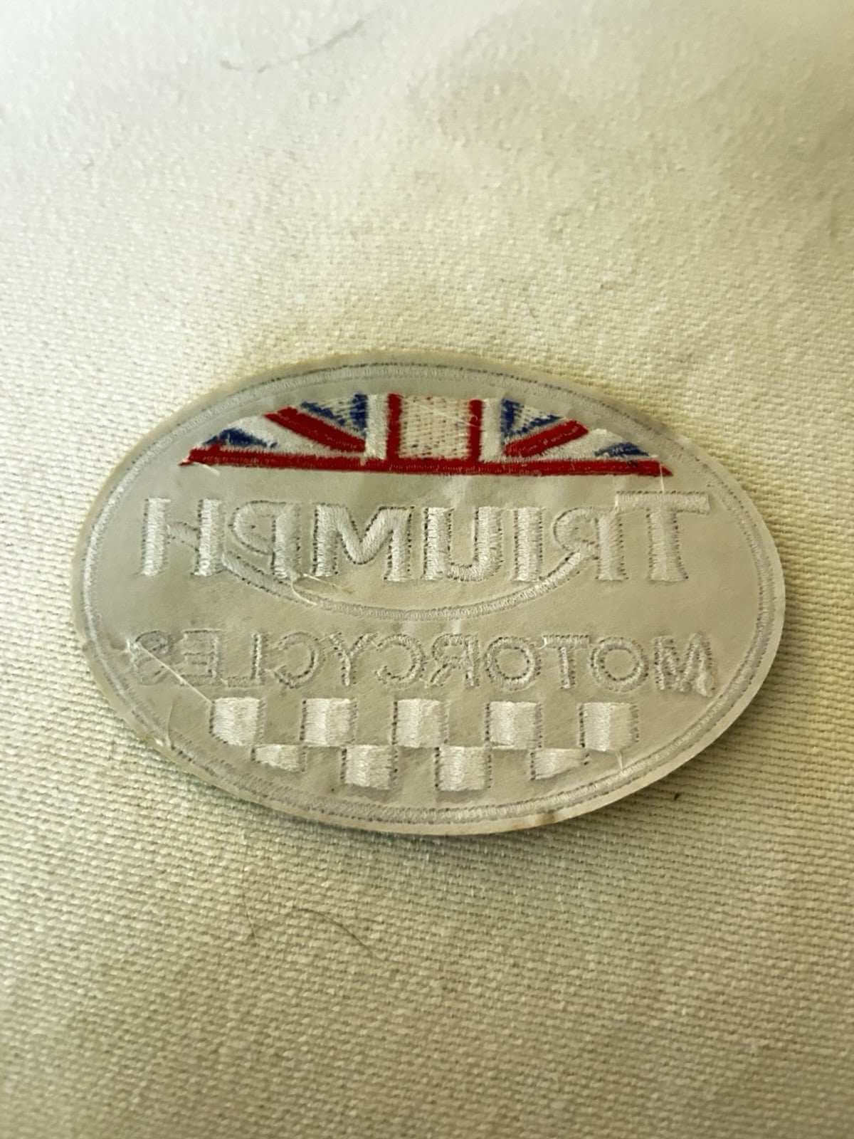 EMBROIDERED British Union Jack motorcycle patch with Triumph logo, oval shape, suitable for jackets and bags.