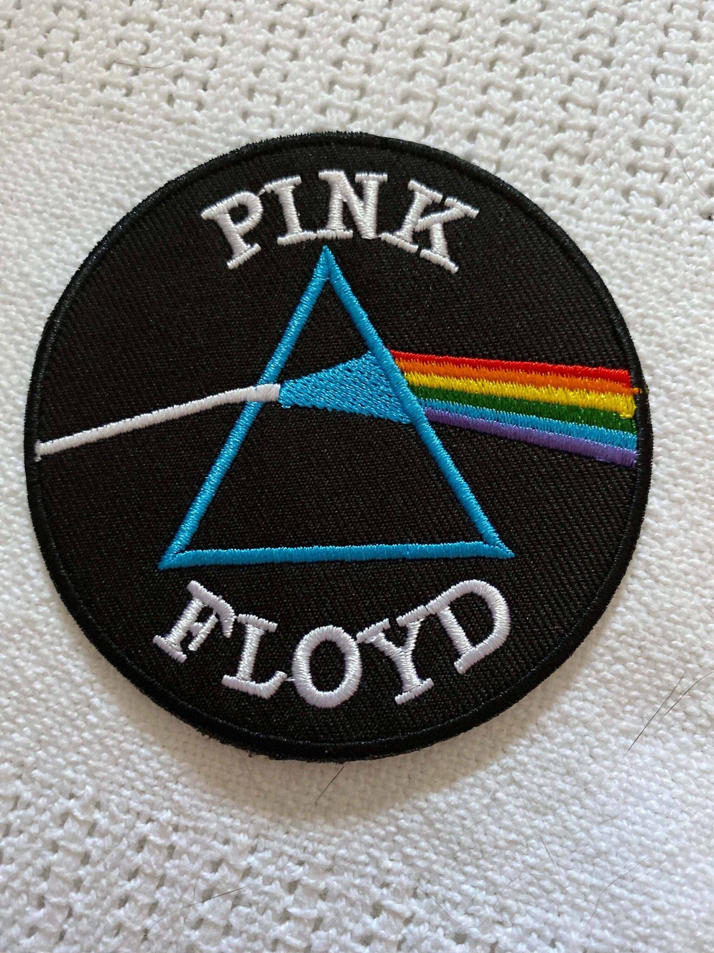 Pink Floyd Dark Side of the Moon embroidered round patch with prism and rainbow design