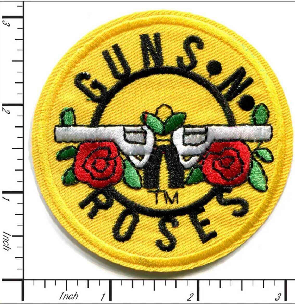 Embroidered Guns N Roses patch with crossed guns and red roses on yellow background