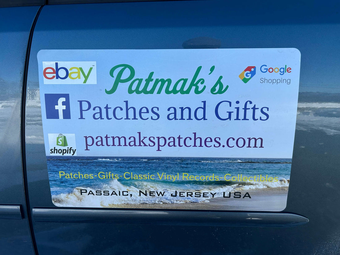 Patmak's Patches and Gifts sticker showcasing embroidered iron on patches, located in Passaic, New Jersey USA