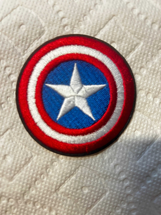 Captain America shield patch iron-on round embroidered logo in red, white, and blue colors 2.75 inches