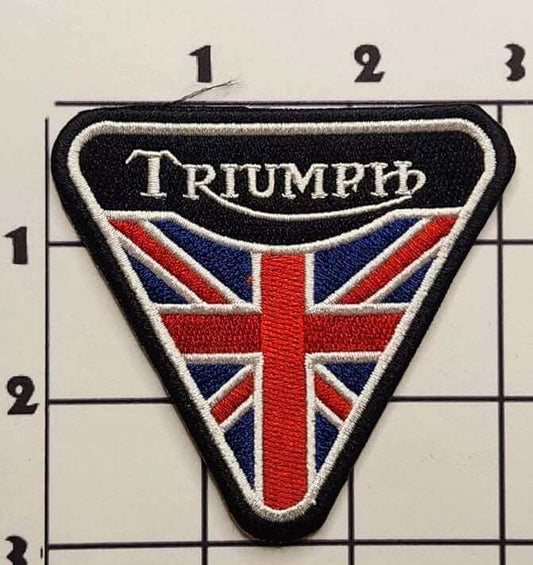 3"x3" embroidered Union Jack triangle motorcycle patch in black, white, and red, iron-on or sew-on accessory patch