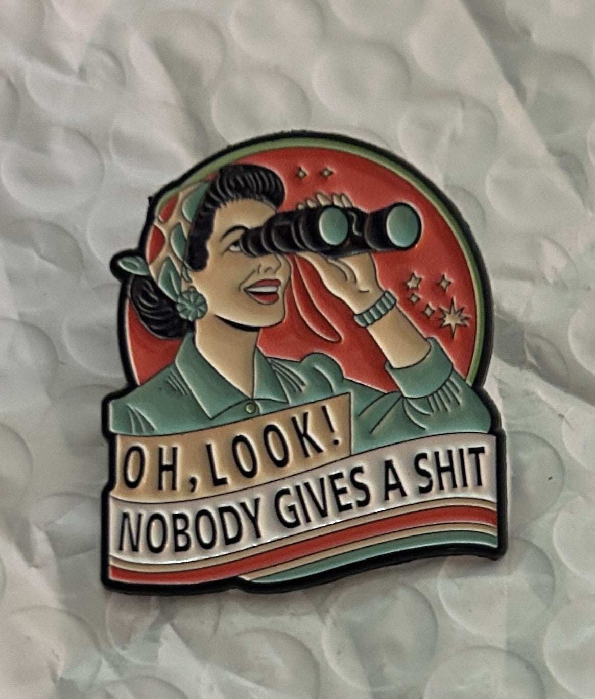 Oh Look! Nobody Gives a Sh*t enamel pin, retro metal lapel pin, 1.5-inch round individually wrapped collectible accessory