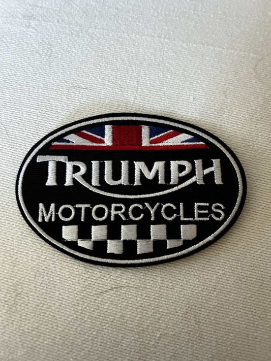 Embroidered British Union Jack oval motorcycle patch black white red iron-on 4x2.75 inches