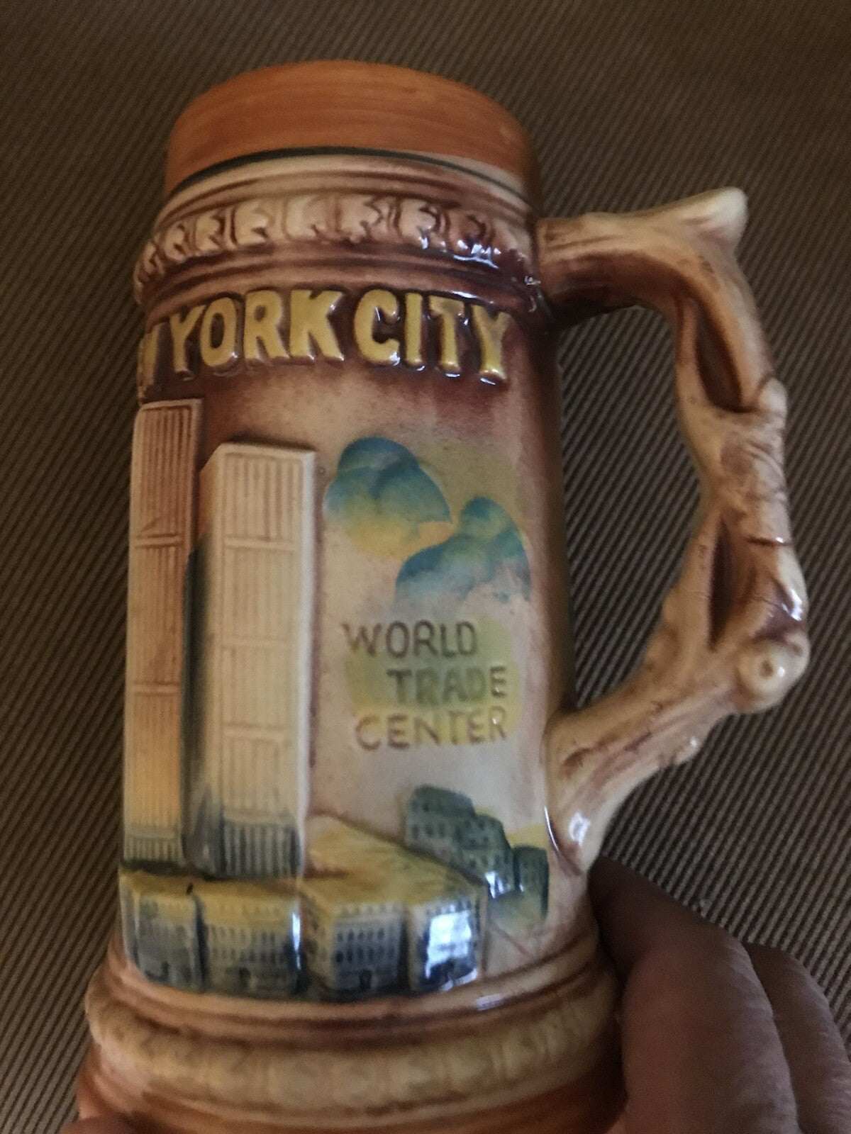 1970’s NYC Souvenir Stein featuring World Trade Center and plane design called The Premonition Mug