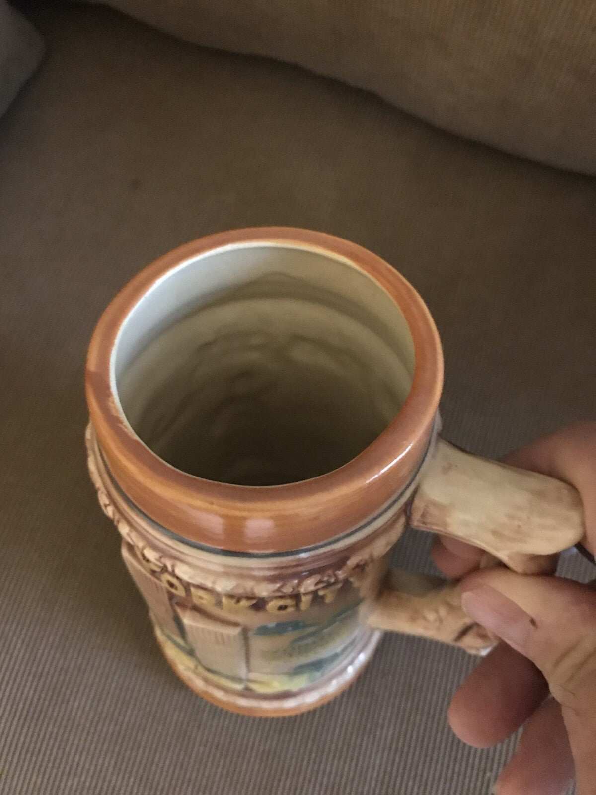 1970’s NYC Souvenir Stein featuring raised design of World Trade Center, plane, and NYC landmarks, vintage collectible mug from Japan