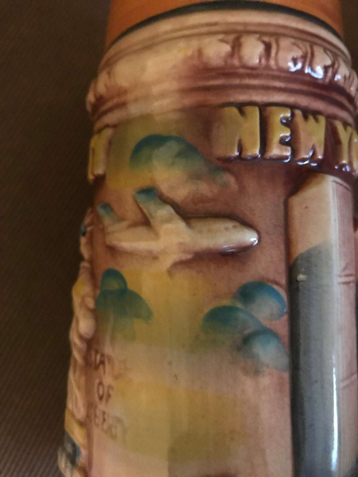 1970’s NYC Souvenir Stein featuring WTC and plane design called The Premonition mug from early 70s New York City
