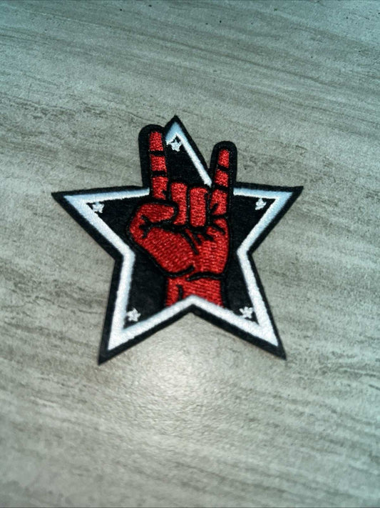 Heavy Metal Hand Gesture embroidered iron-on patch with star design