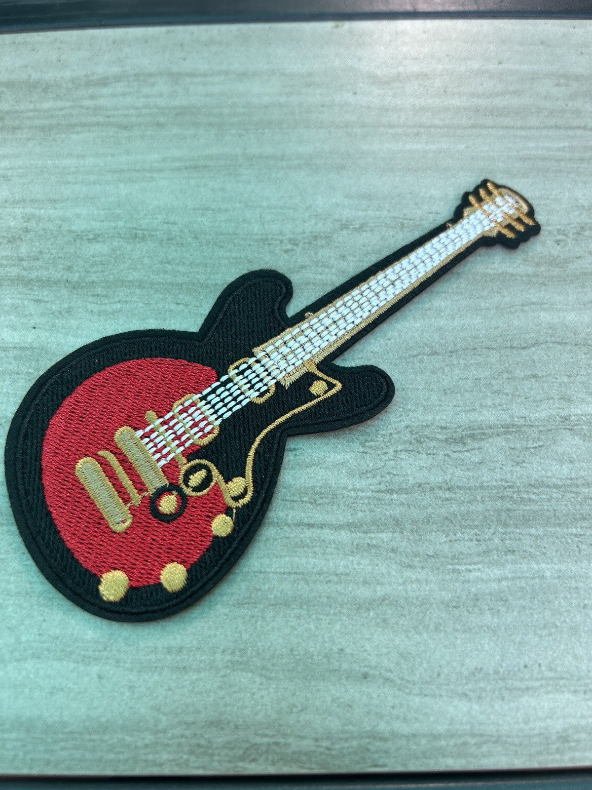 Embroidered red electric guitar music patch iron-on sew-on 2.25x5.5 inch for apparel and accessories