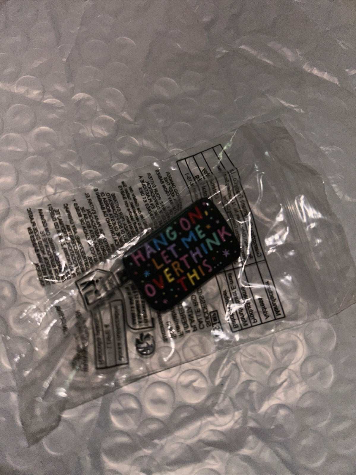 Colorful pin with "Hang On Let Me Overthink This" text, 1.15x0.75 inches, pin back accessory