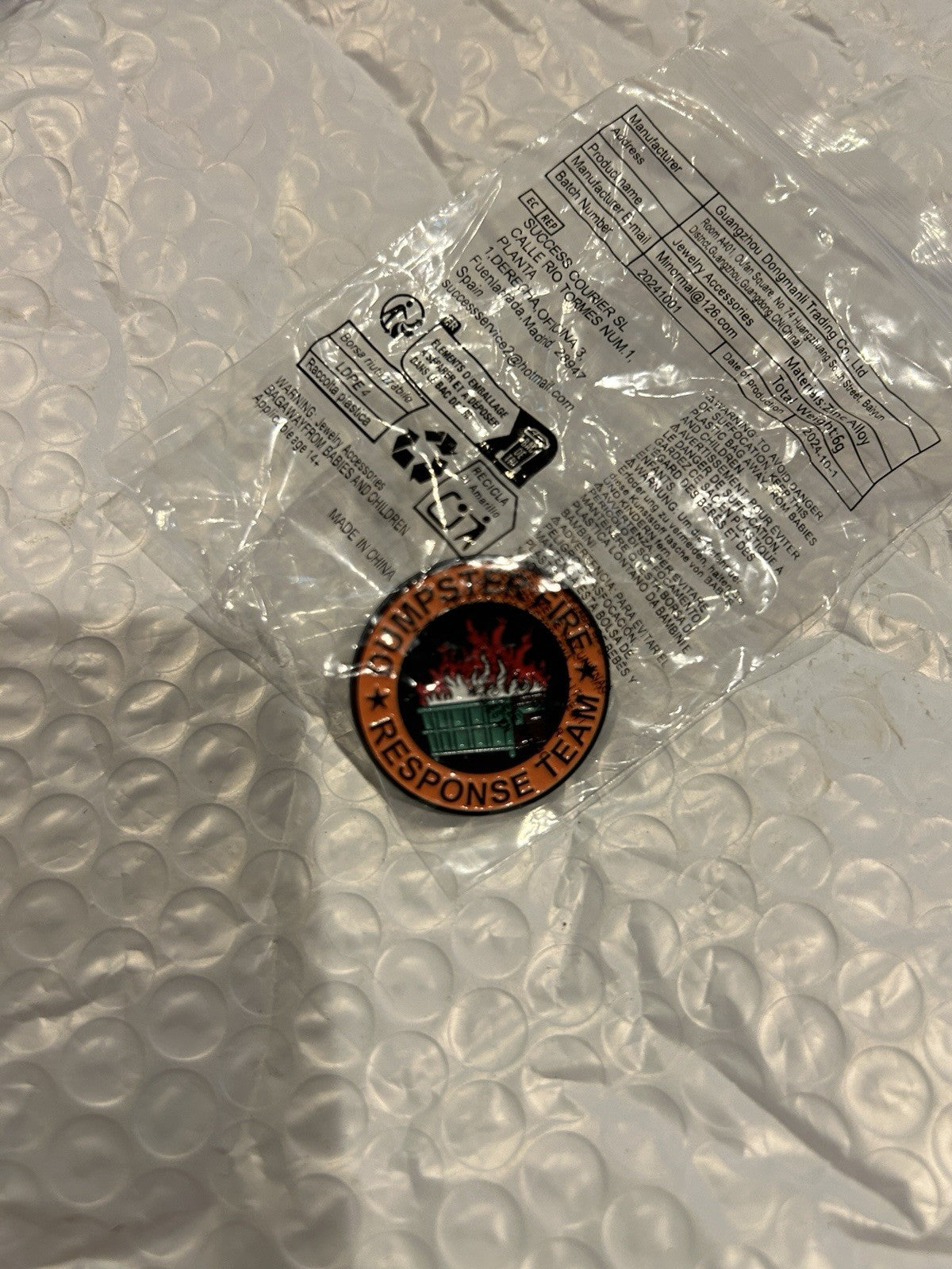 Dumpster Fire Response Team enamel metal pin 1.5 inch round collectible badge USA made