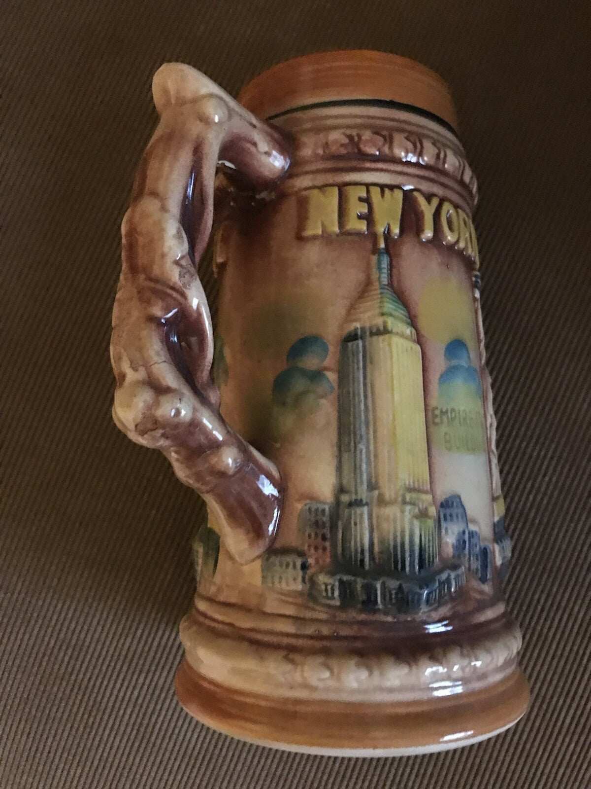 1970’s NYC Souvenir Stein depicting WTC and plane with raised colorful design from early 70s