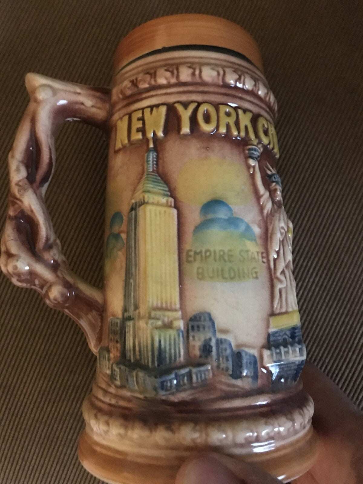 1970’s NYC Souvenir Stein with raised WTC and plane design from the early 70s