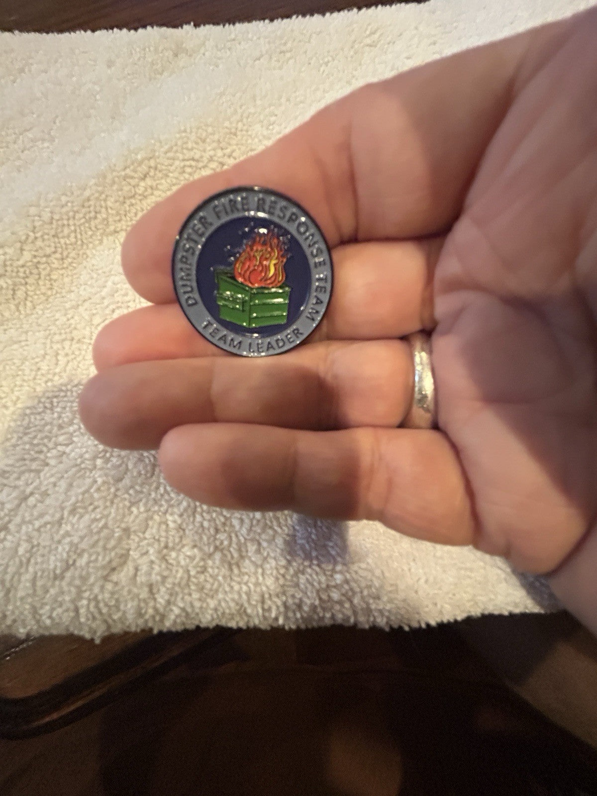 Dumpster Fire Response Team Leader enamel metal hat pin 1.5 inch round humorous design